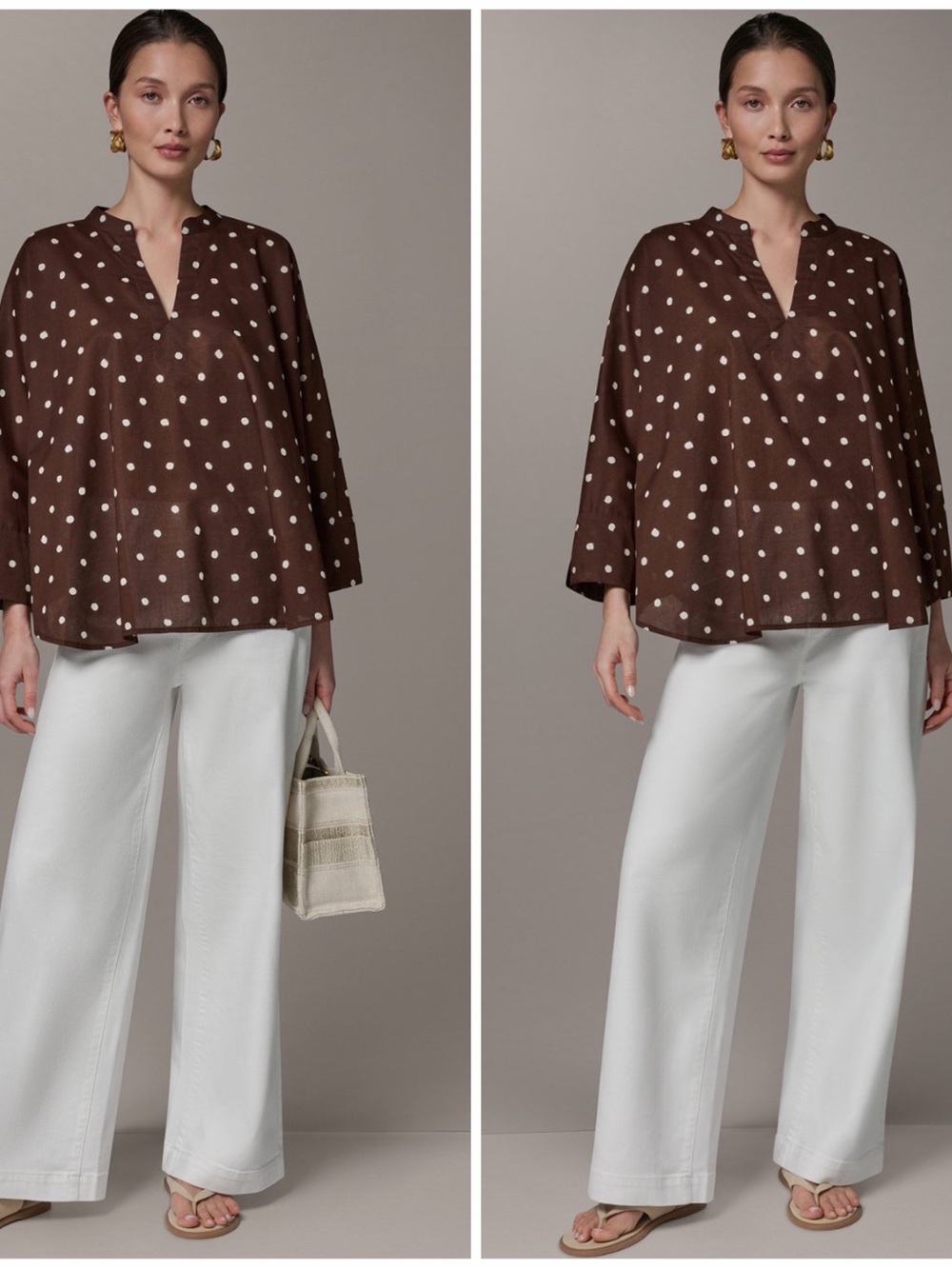 Donna Karan Brown and White Polka Dot Print Split-Neck Blouse Loose Fit - Picture 2 of 11